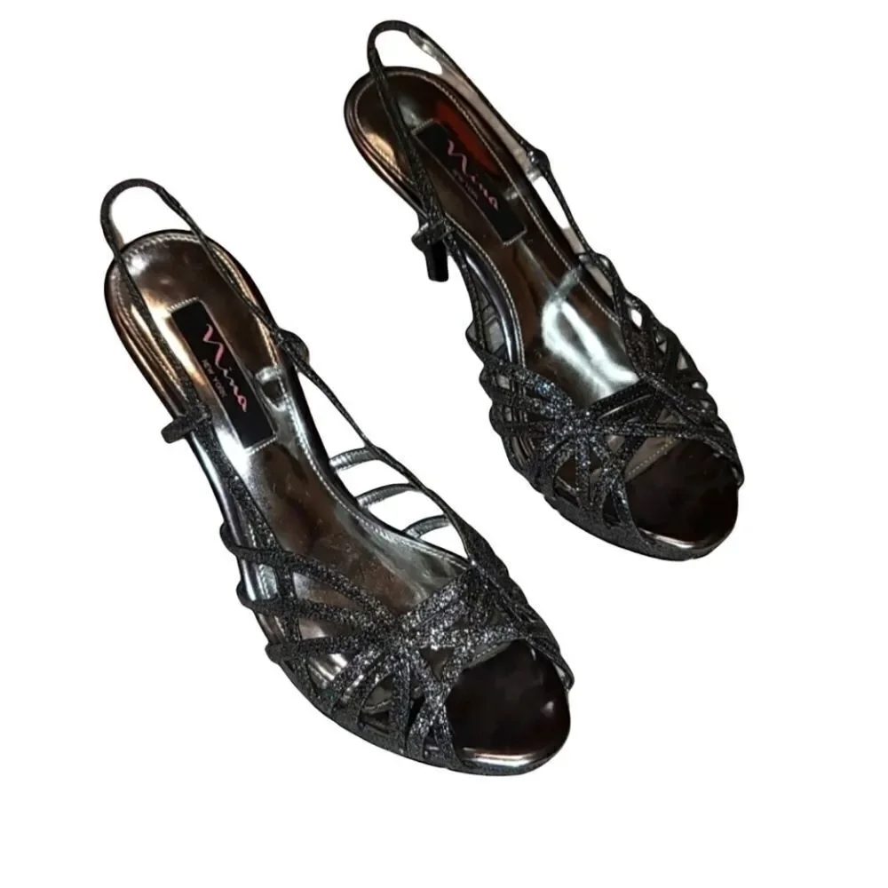 Nina Grey Metallic Sexy Strappy Heels 9.5
